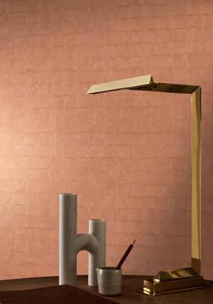 Faenza Wallpaper - Cuivre by orange geometric wallpaper and wall with dining table and lamps