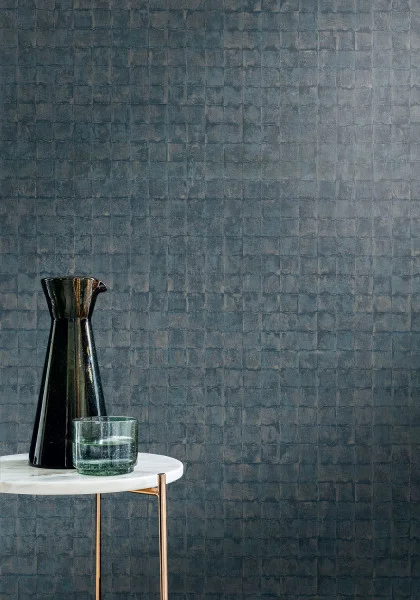 Faenza Wallpaper - Orage by blue geometric wallpaper and wall with side table and vases