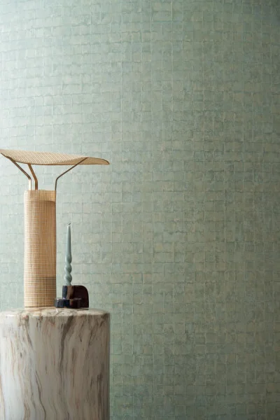 Faenza Wallpaper - Céladon by green geometric wallpaper and wall with lamps