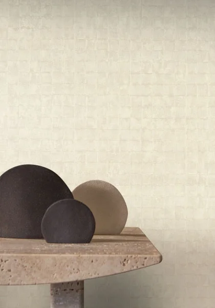 Faenza Wallpaper - Ivoire by white geometric wallpaper and wall with side table