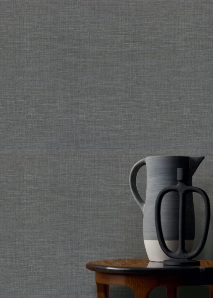 Shinok Wallpaper - Orage by black-grey plain wallpaper and wall with side table and vases