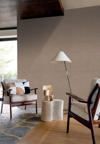 Shinok Wallpaper - Beige Taupe by brown plain wallpaper and wall with armchair and side table