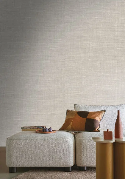 Shinok Wallpaper - Gres by black-grey plain wallpaper and wall with pouf and side table