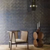 blue misc wallpaper and wall with armchair and lamps