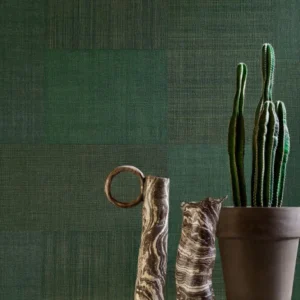 green geometric wallpaper and wall with vases