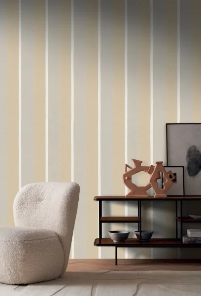 Sinopia Wallpaper - Travertin / Perle by neutral striped wallpaper and wall with armchair and vases