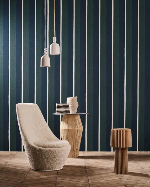 Sinopia Wallpaper - Marine / Vert Anglais by blue striped wallpaper and wall with armchair and lamps