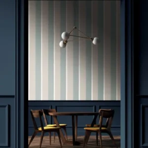 blue striped wallpaper and wall with dining table and chair