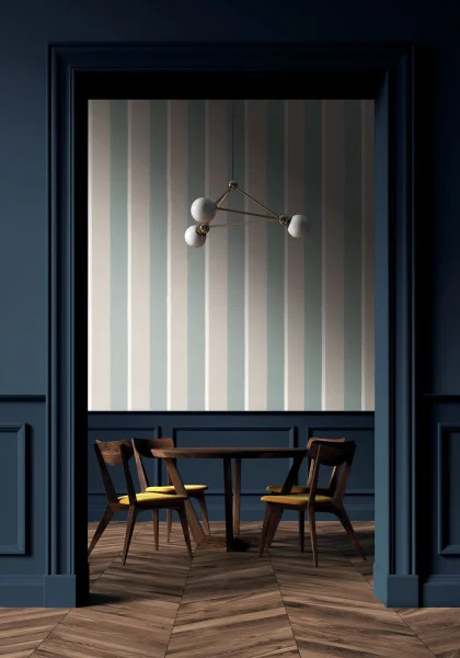 Sinopia Wallpaper - Grège / Vert De Gris by blue striped wallpaper and wall with dining table and chair