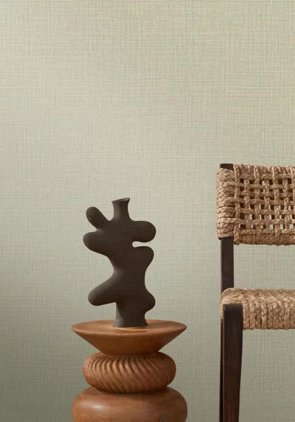 Sierra Wallpaper - Amande by blue plain wallpaper and wall with chair and vases