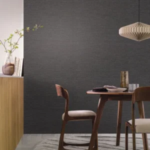 black-grey plain wallpaper and wall with dining table and armchair