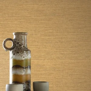 yellow plain wallpaper and wall with coffee table and vases