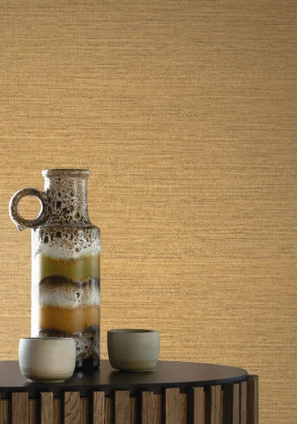 Occitan Wallpaper - Miel by yellow plain wallpaper and wall with coffee table and vases