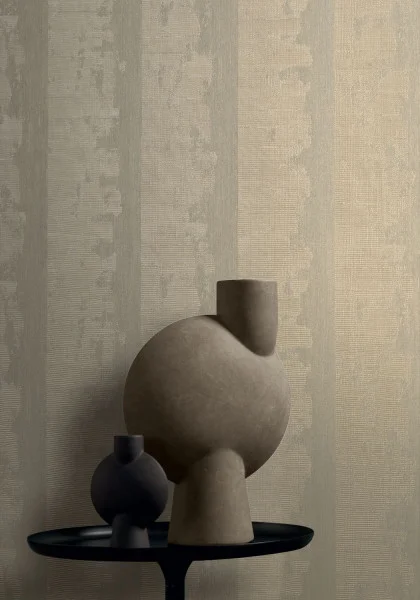 Nerikomi Wallpaper - Argent by neutral striped wallpaper and wall with coffee table and vases