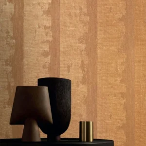 orange striped wallpaper and wall with coffee table and vases