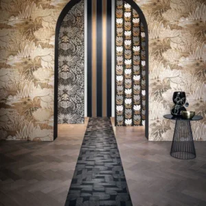 black-grey striped wallpaper and wall with