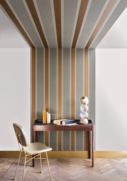 Auteuil Wallpaper - Vert Argile / Doré by brown striped wallpaper and wall with dining table and chair