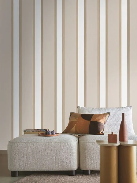 Auteuil Wallpaper - Blanc / Doré by neutral striped wallpaper and wall with armchair and cushion