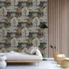 brown botanical wallpaper and wall with bed and cushion