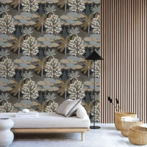 brown botanical wallpaper and wall with bed and cushion
