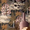 brown botanical wallpaper and wall with coffee table and vases