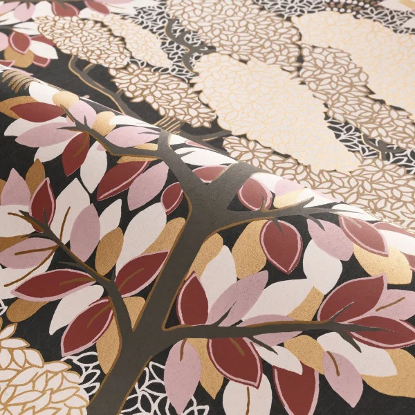 Marakanda Wallpaper - Anthracite / Grenat by brown botanical wallpaper and wave with wallpaper