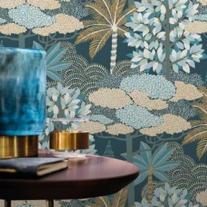 blue botanical wallpaper and wall with side table and vases
