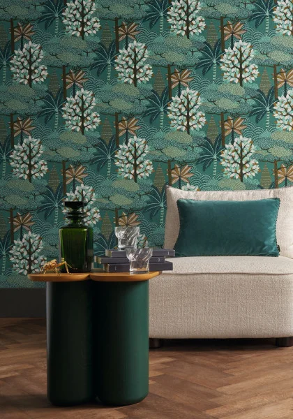 Marakanda Wallpaper - Emeraude / Dore by blue botanical wallpaper and wall with armchair and cushion