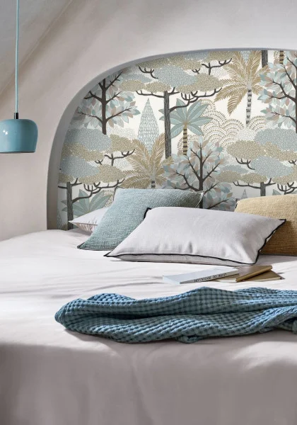 Marakanda Wallpaper - Pastel / Dore by blue botanical wallpaper and wall with bed and cushion