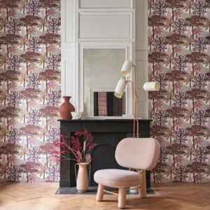 purple botanical wallpaper and wall with armchair and vases