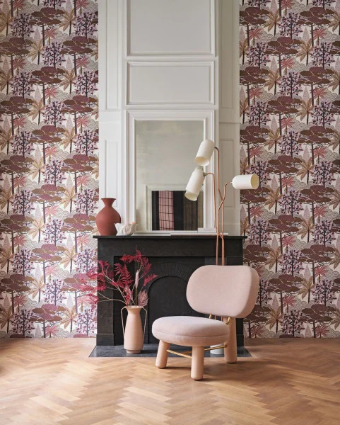 Marakanda Wallpaper - Blanc / Bois De Rose by purple botanical wallpaper and wall with armchair and vases