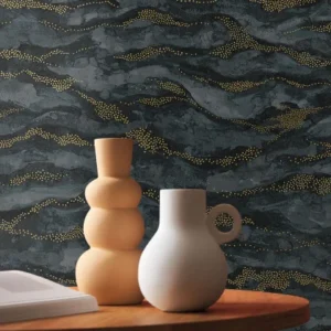 black-grey contemporary wallpaper and wall with coffee table and vases
