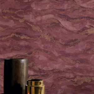 red contemporary wallpaper and wall with coffee table and vases