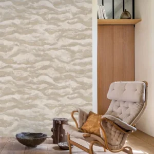 neutral contemporary wallpaper and wall with armchair and vases
