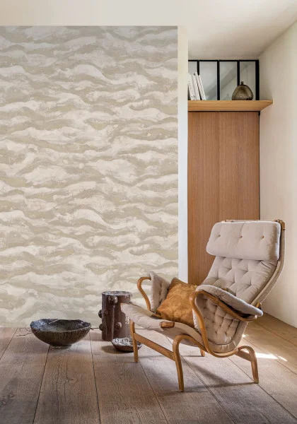 Sohar Wallpaper - Grege / Dore by neutral contemporary wallpaper and wall with armchair and vases