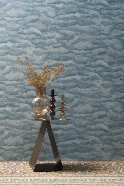 Sohar Wallpaper - Ciel by blue contemporary wallpaper and wall with side table and vases