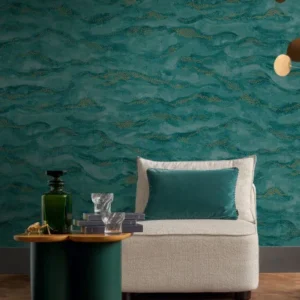 blue contemporary wallpaper and wall with armchair and coffee table