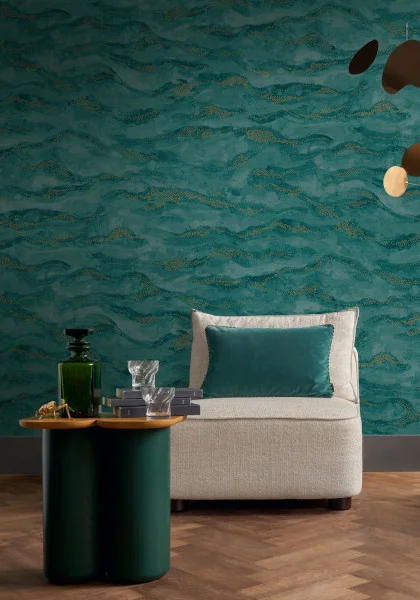 Sohar Wallpaper - Topaze by blue contemporary wallpaper and wall with armchair and coffee table