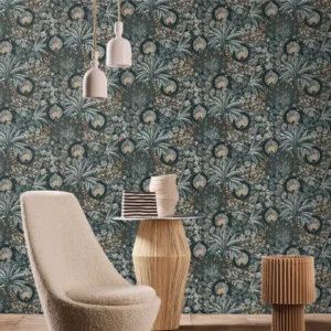 blue botanical wallpaper and wall with armchair and lamps