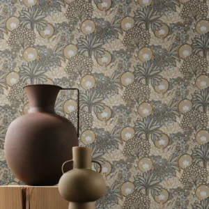green botanical wallpaper and wall with armchair and vases