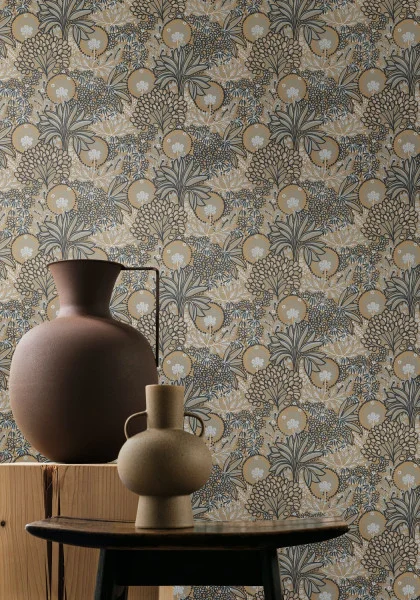 Persee Wallpaper - Mordore by green botanical wallpaper and wall with armchair and vases