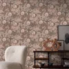brown botanical wallpaper and wall with armchair and vases