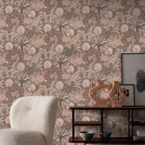 brown botanical wallpaper and wall with armchair and vases