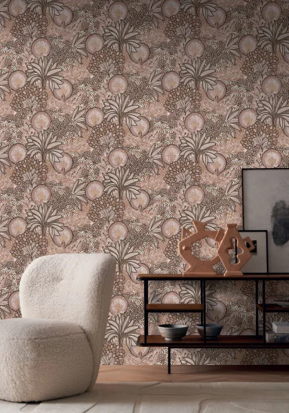 Persee Wallpaper - Vieux Rose by brown botanical wallpaper and wall with armchair and vases