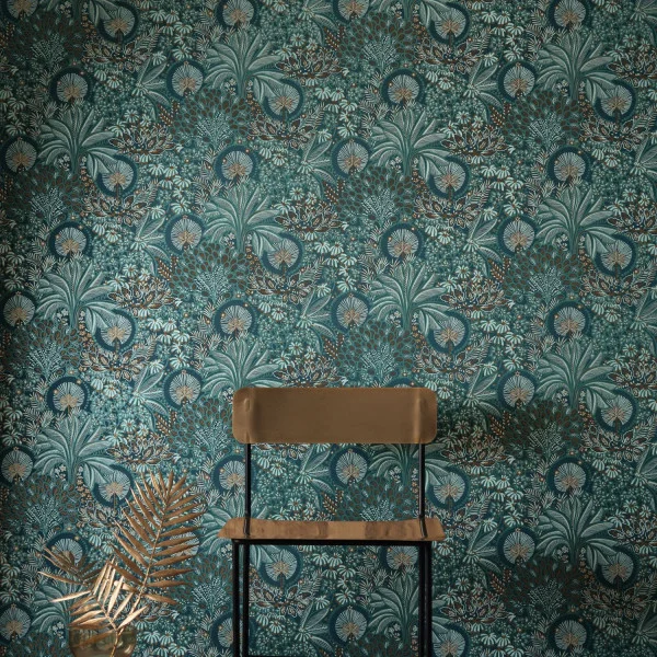 Persee Wallpaper - Topaze by blue botanical wallpaper and wall with chair and plants