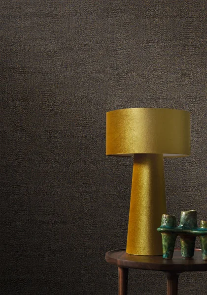 Octa Wallpaper - Noir / Dore by brown plain wallpaper and wall with side table and lamps