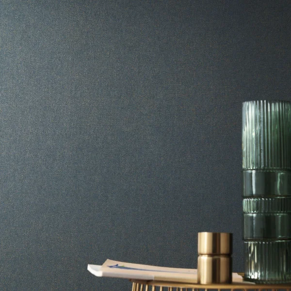 Octa Wallpaper - Bleu / Dore by blue plain wallpaper and wall with side table and vases