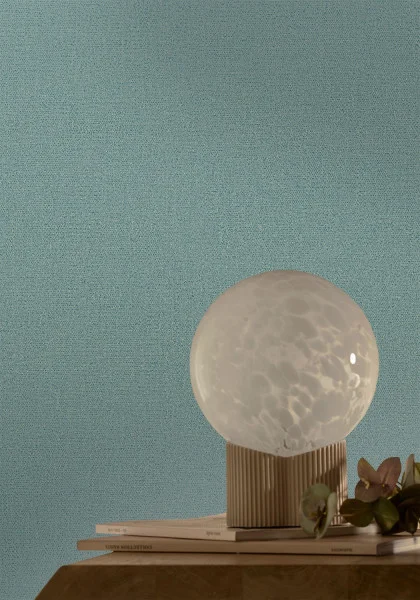 Octa Wallpaper - Celadon by blue plain wallpaper and wall with side table and lamps
