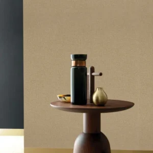 yellow plain wallpaper and wall with coffee table and vases