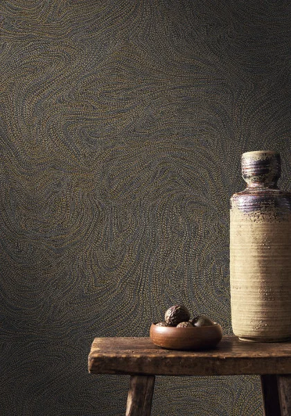 Voie Lactee Wallpaper - Noir / Dore by brown misc wallpaper and wall with side table and vases